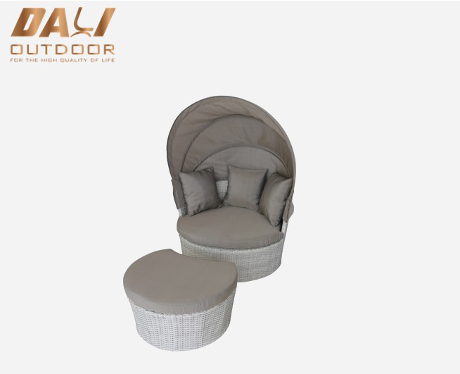 Espreguiçadeira de vime poli para lazer ao ar livre móveis de pátio chaise lounge redonda com escabelo